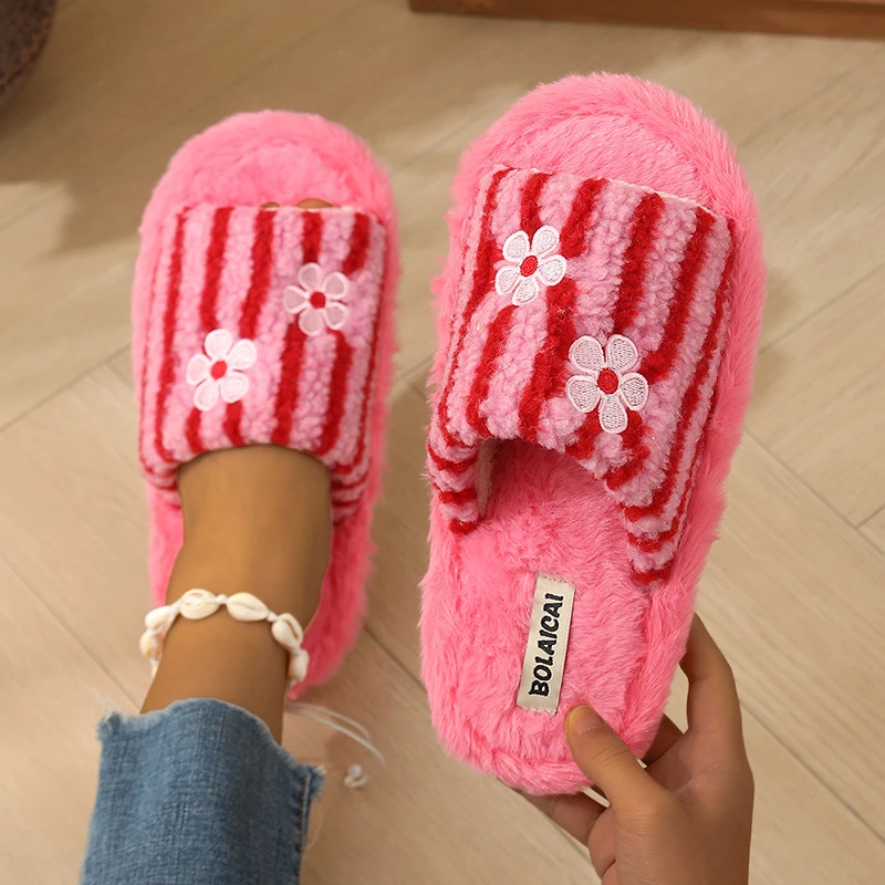 Flower Embroidery Stripe Plush - đánh giá và giá Women'S Fashion Korea