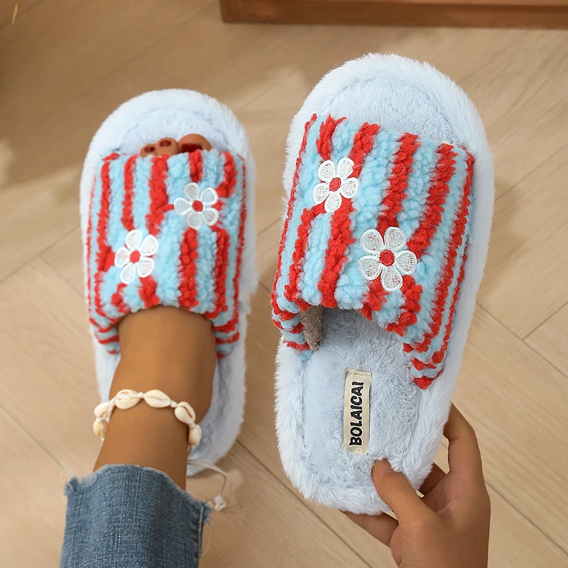 Flower Embroidery Stripe Plush - đánh giá và giá Women'S Fashion Korea