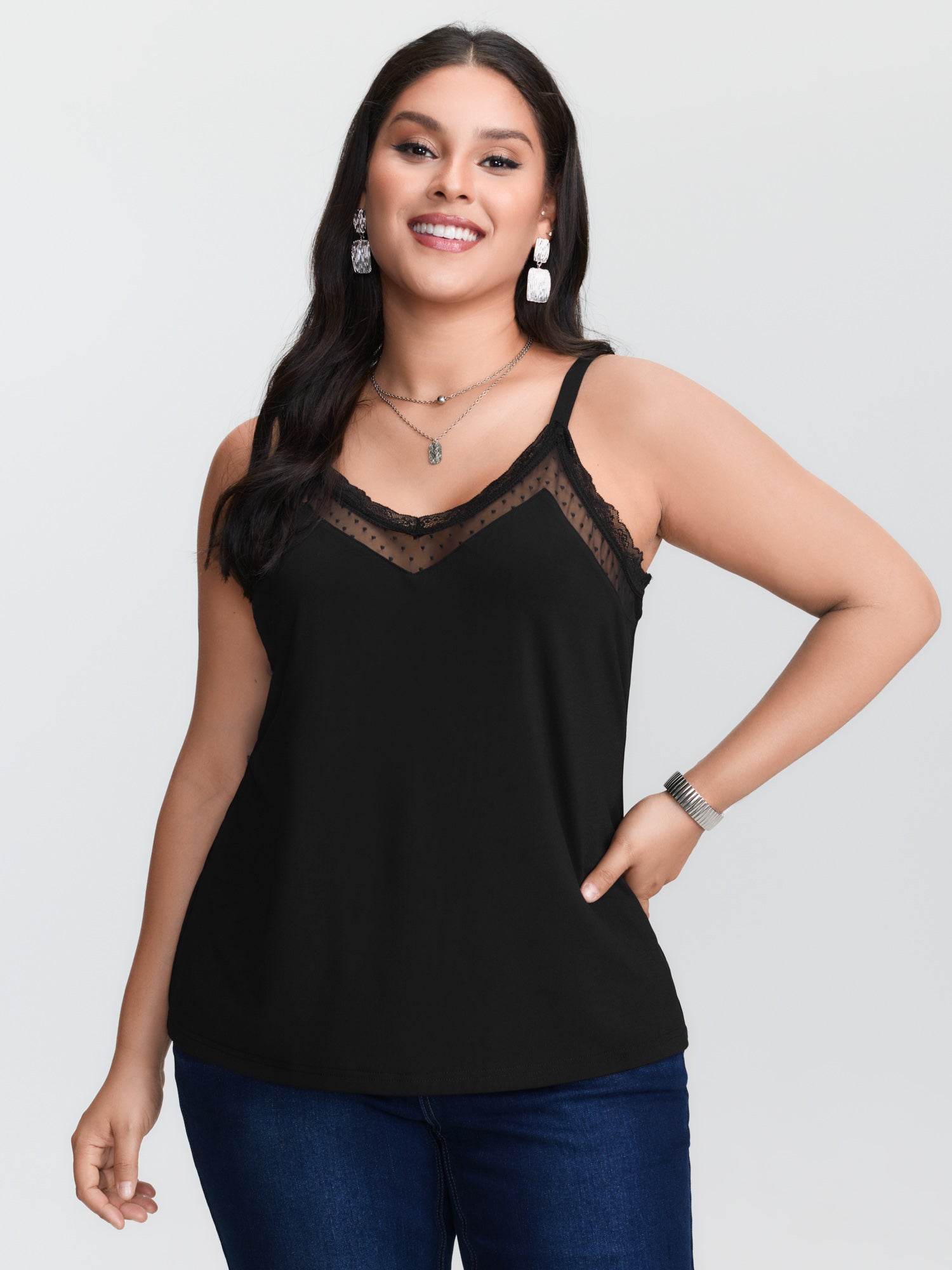 Plus‑size Black Knitted Camiso - đánh giá và giá Lace Trim Cami